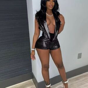 Black Shiny Sleeveless Romper